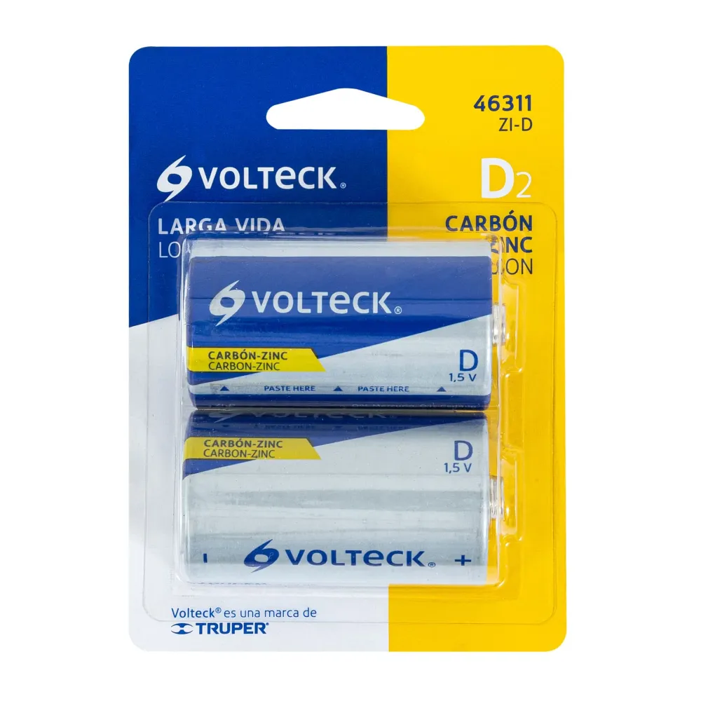 Blíster con 2 pilas zinc-carbón tamaño "D", VOLTECK ZI-D con Cargador Incluido