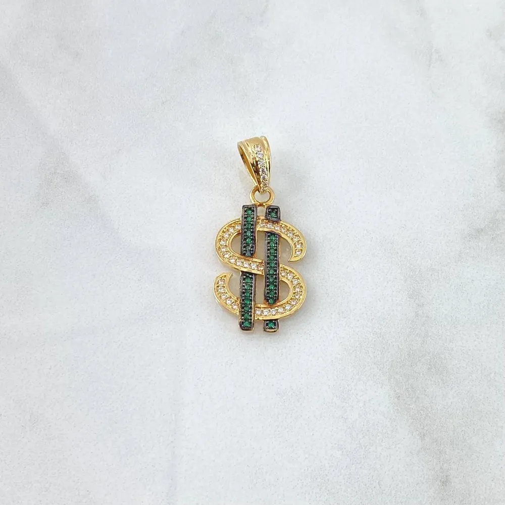 Baterías Recargables Dije Signo Dólar 3.7gr / 3.1cm / Circones Blancos Verdes Y Negros Oro Amarillo 18K ©