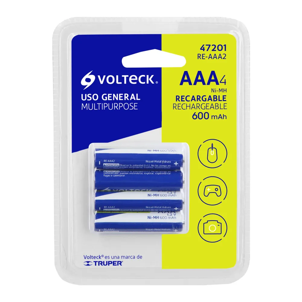 Baterí de 9V Pilas recargables, uso general, AAA, 600 mAh, 4 piezas
