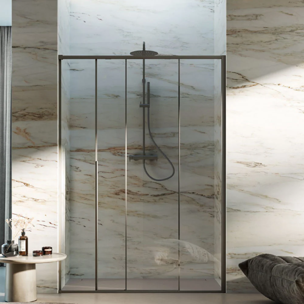 Porta doccia scorrevole Prestige cm 126 cristallo da 6 mm e profilo minimale alluminio colore Tortora. Versione Sinistra