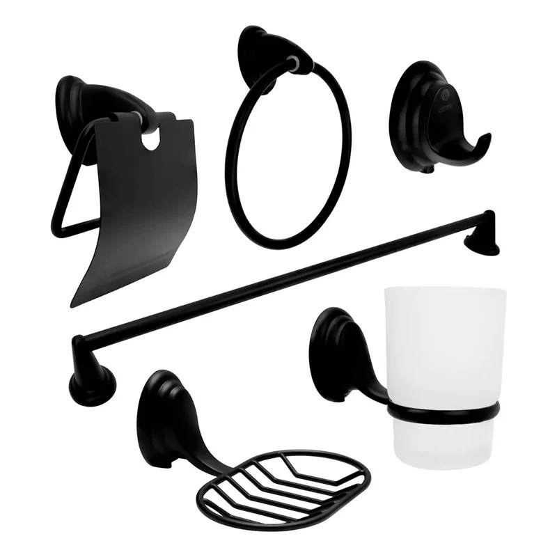 Set Accesoriosx7 Para Baño Negro Mate 6 Resistentes Derrames