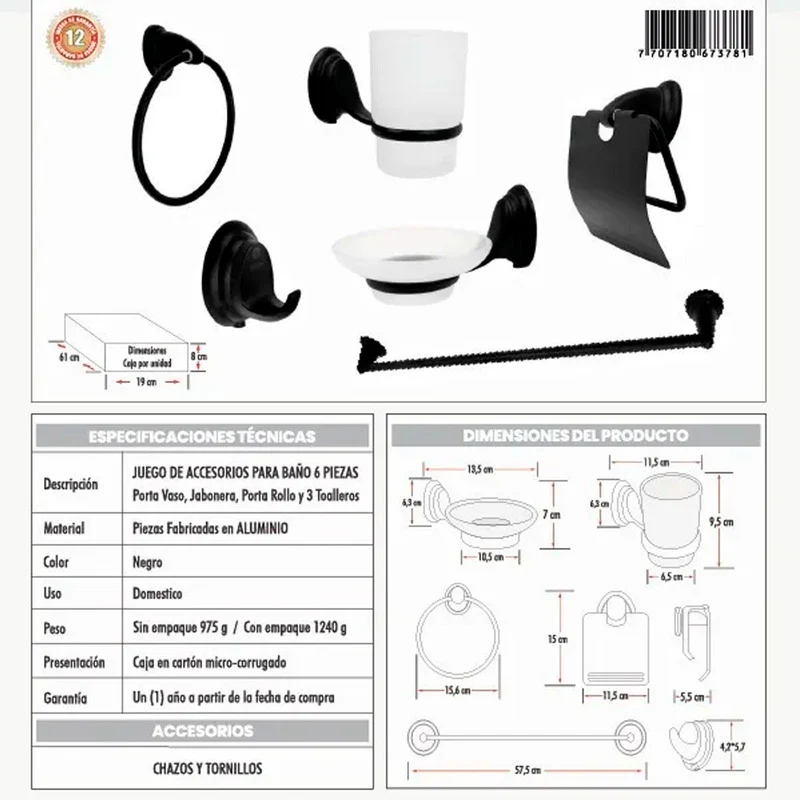 Set Accesoriosx7 Para Baño Negro Mate 6 Resistentes Derrames