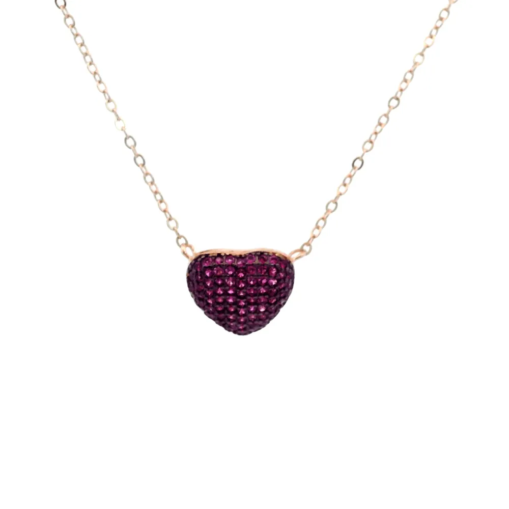 925RG SMALL DOME HEART PAVE CZ FUSHIA NECKLACE