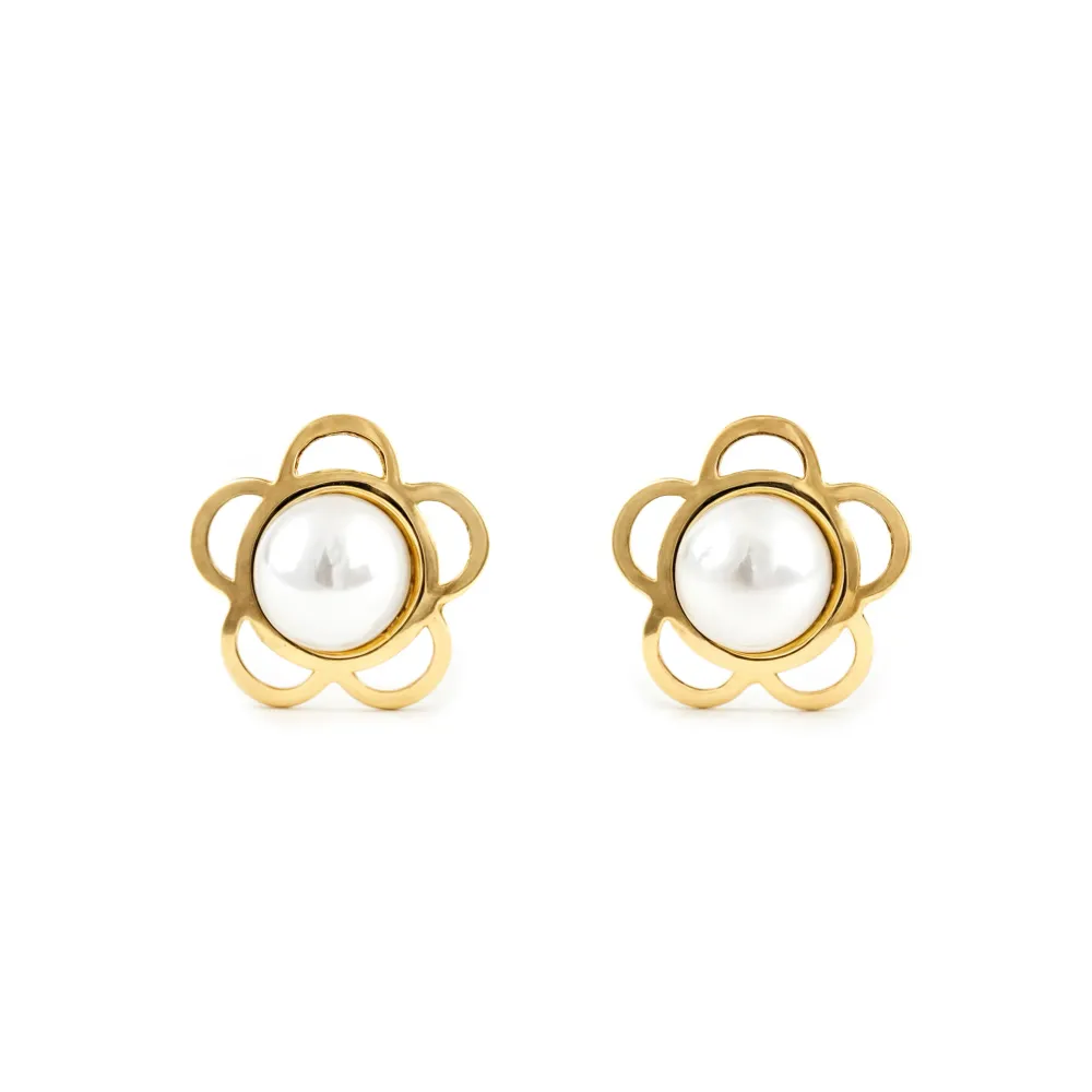 Baterías Recargables Pendientes Bebe-Niñ Oro Amarillo 9K Perla Botón 3,5 mm Flor Margarita Brillo