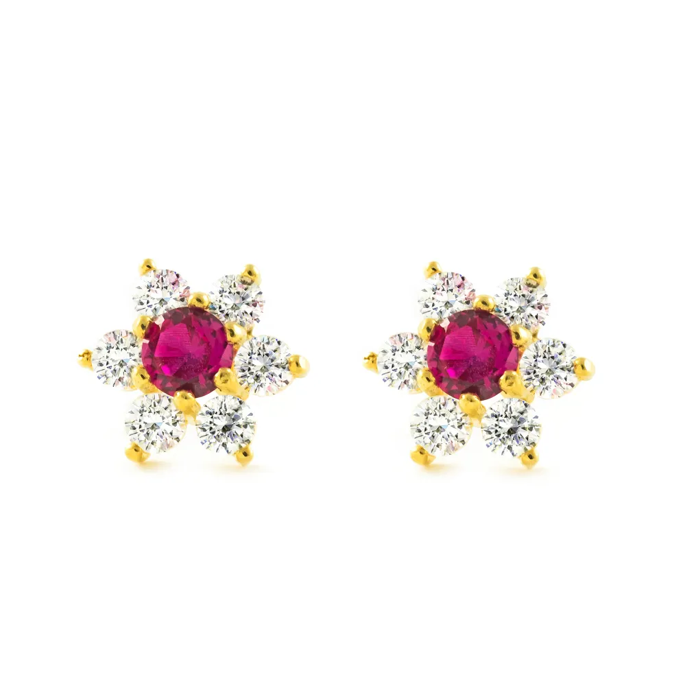 Baterías Recargables Pendientes Mujer-Niñ Oro Amarillo 9K Flor Circonita Rubi Brillo