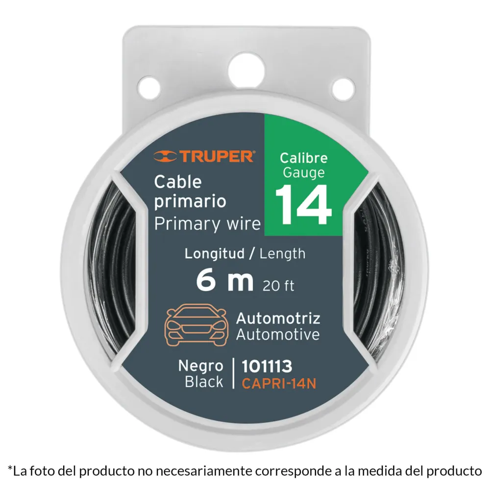 Cable primario, calibre 16, rollo 9 m, negro con Cargador Incluido