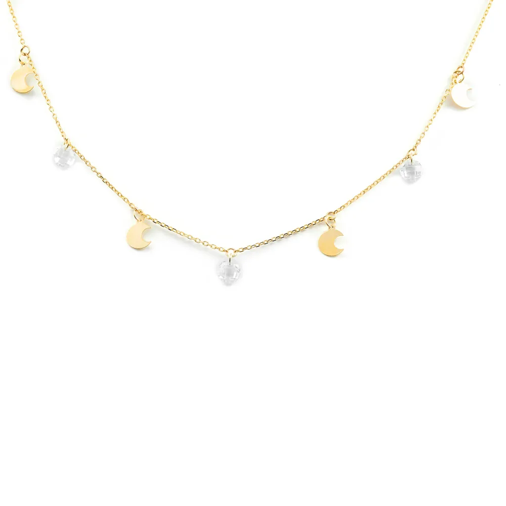 Certificadas CE Collar Mujer Oro Amarillo 9K Lunas Circonitas Brillo