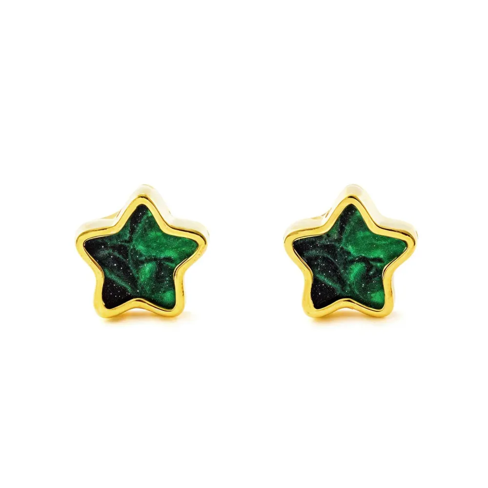 Certificadas CE Pendientes Oro Amarillo 9K Estrella Malaquita Brillo