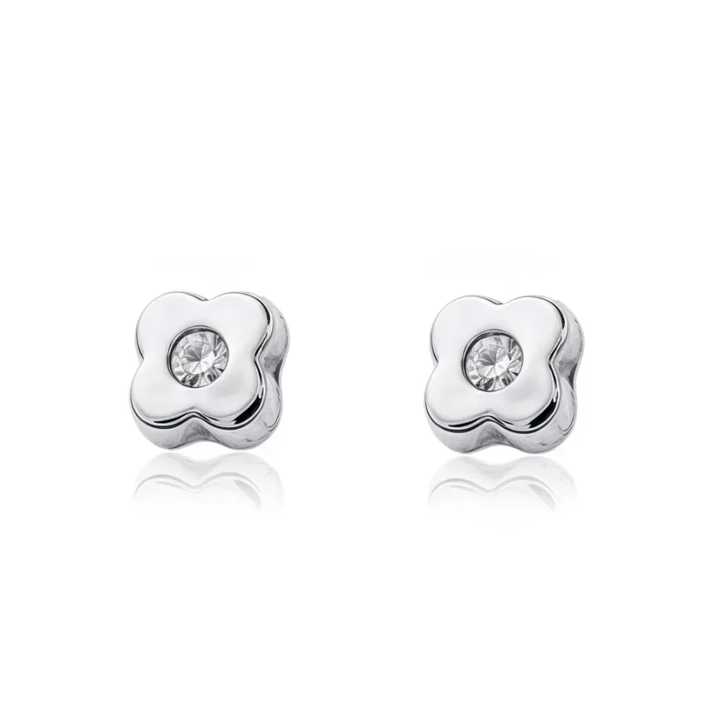 Pendientes Bebe Oro Blanco 9K Trebol Circonita Brillo Listas para Usar