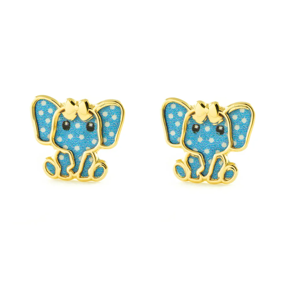 Pendientes Niñ Oro Amarillo 9K Elefante Esmalte Azul Brillo | Recargables 1000 Veces |