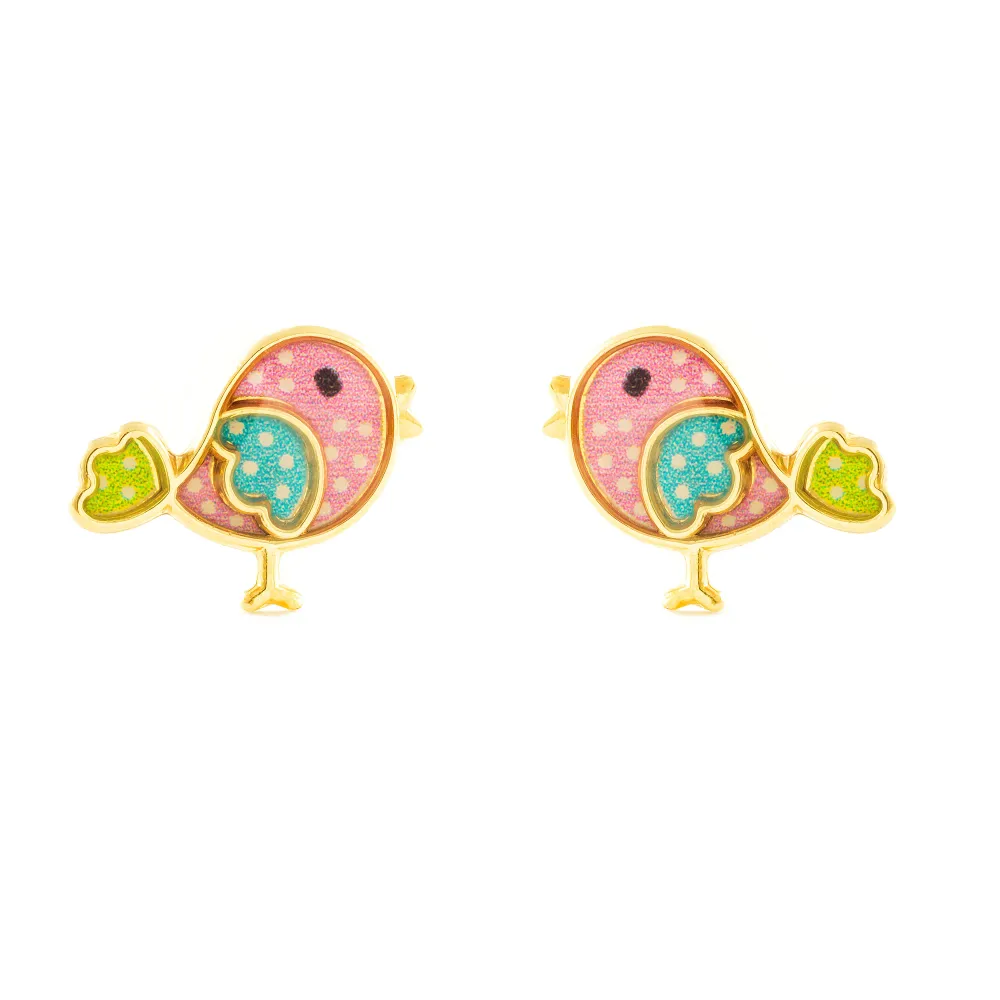 Pendientes Niñ Oro Amarillo 9K Pajaro Esmalte Colorido Brillo de Baja Autodescarga