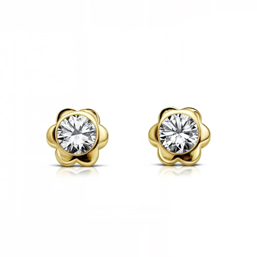 Pilas de Litio Pendientes Bebe-Niñ Oro Amarillo 9K Chatón Flor Circonita Brillo