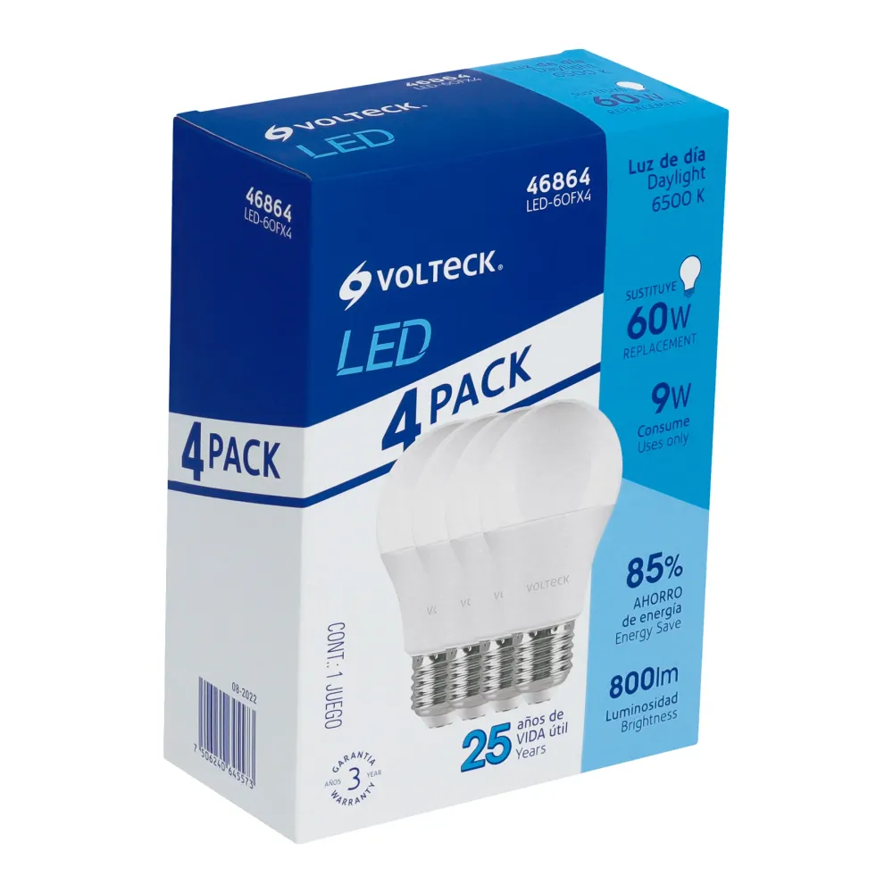Recargables Premium Lámpara de LED, A19, 9W, E27, luz de dí, 4 piezas en caja