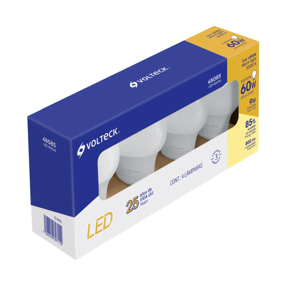 Recargables Premium Pack de 4 lámparas de LED, A19, 9 W, luz cálida, Volteck
