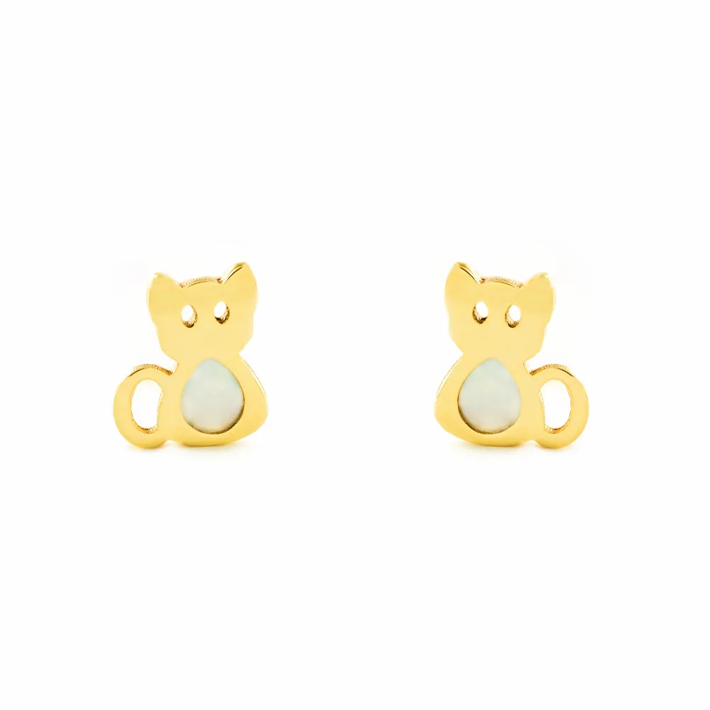 Recargables Premium Pendientes Bebe-Niñ Oro Amarillo 9K Nacar Gato Brillo