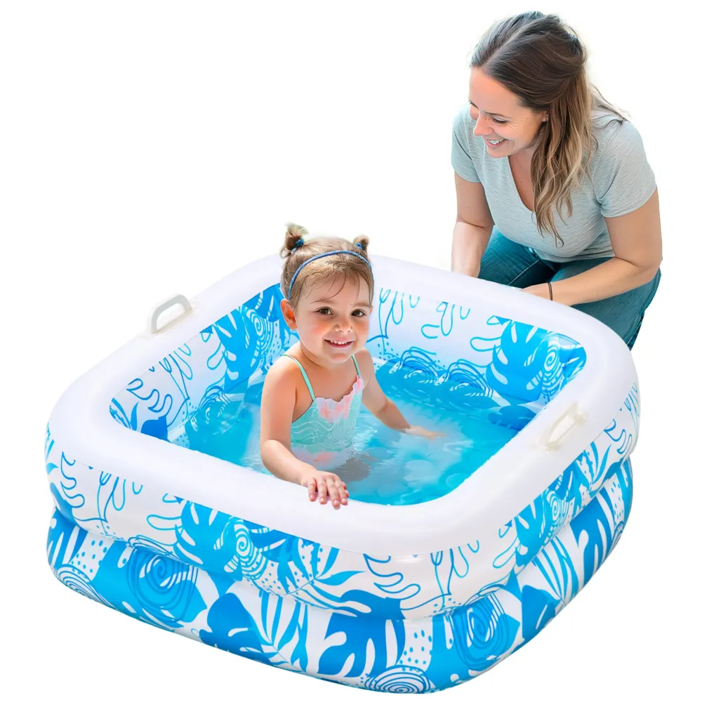 Premium de Alta Durabilidad Piscina inflable cuadrada con hojas tropicales para bebés (azul)