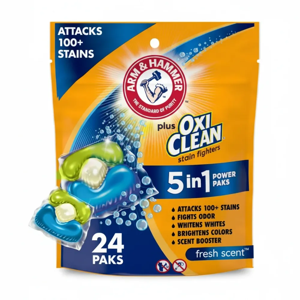 Quitagrasas Detergente para ropa en cápsulas Power Paks 5-en-1 Arm & Hammer más quitamanchas OxiClean, Alta Eficiencia (24...