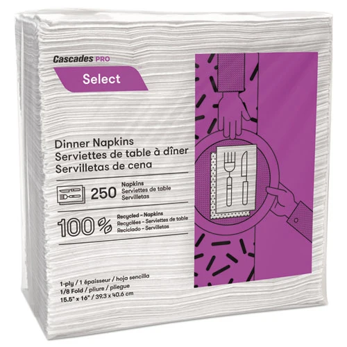 Select Dinner Servilletas, 1 capa, Blancas, 15.5 X 16, 250/paquete, 12/caja Cascades PRO