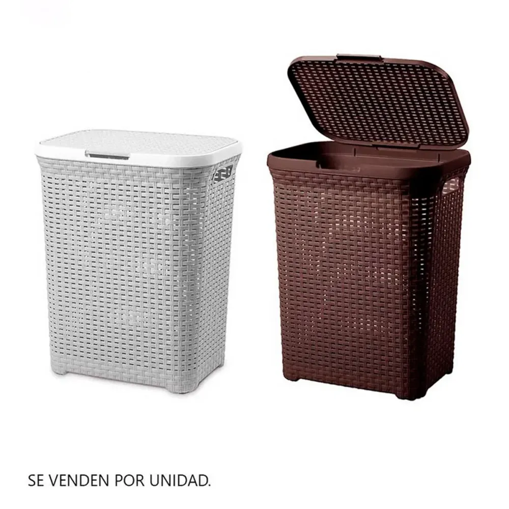 Cesto Canasto Para Ropa Rattan 60 Litros Con Tapa Gris