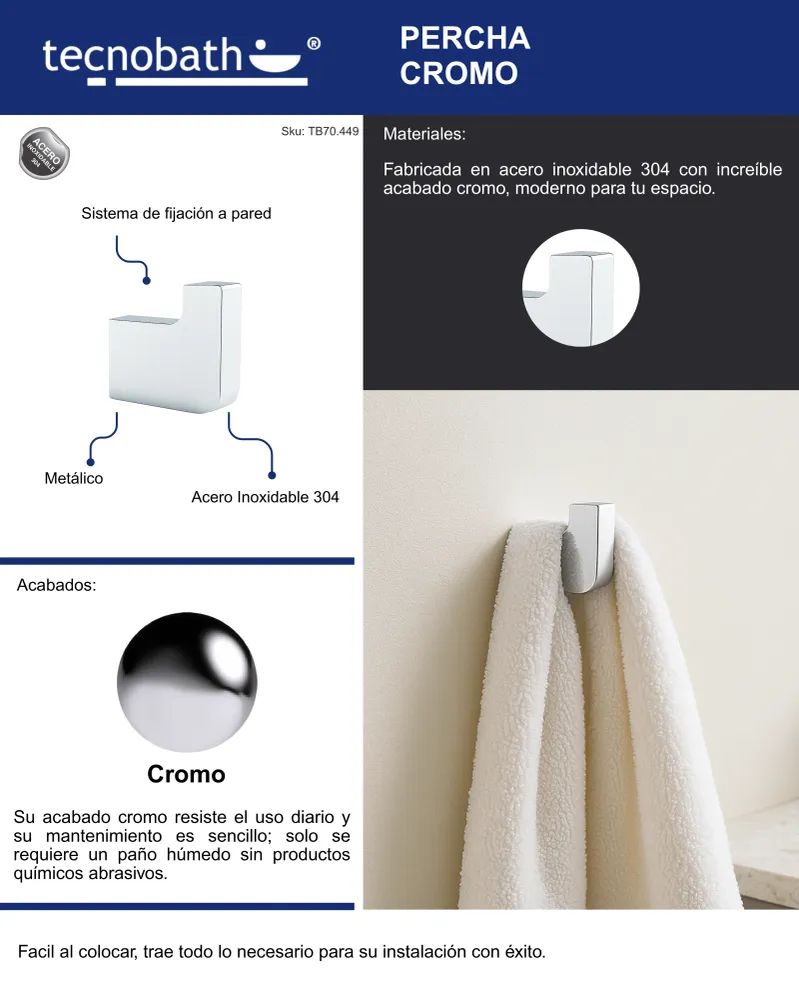 Percha Para Baño Cromo Tecnobath