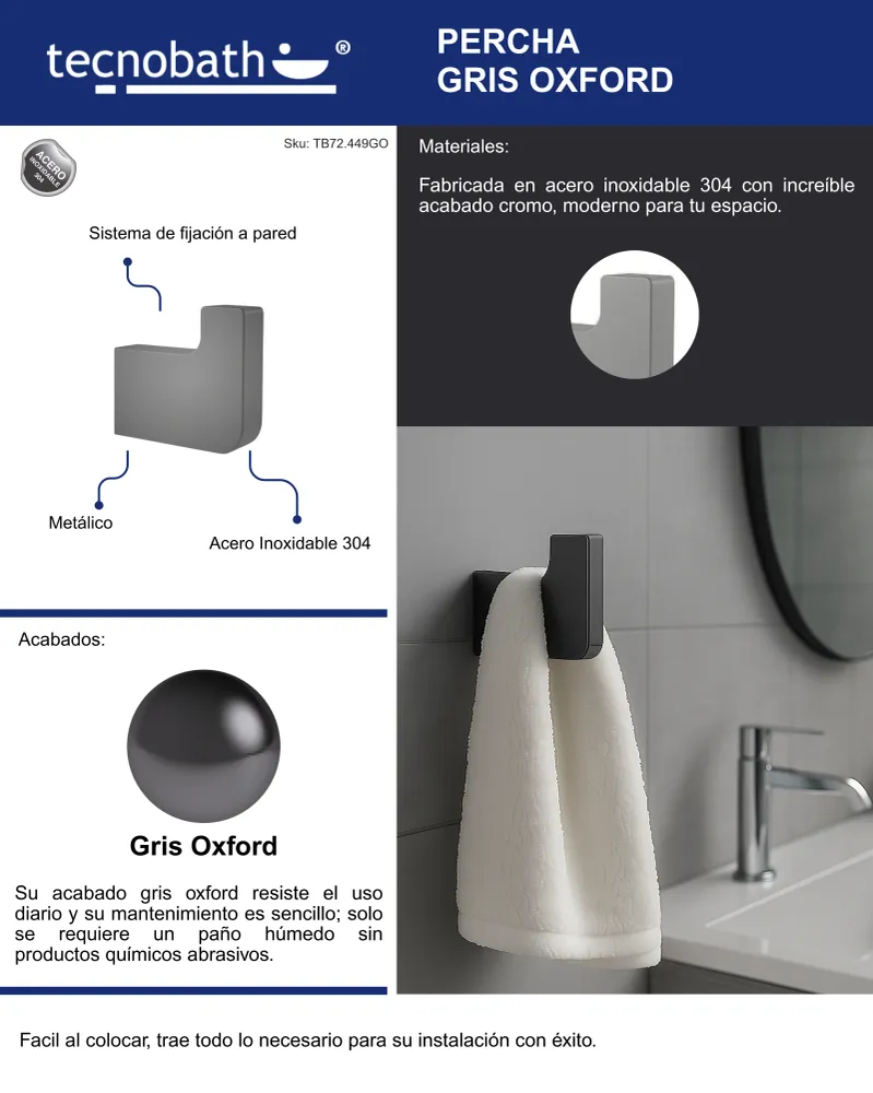 Percha Para Baño Gris Oxford Tecnobath