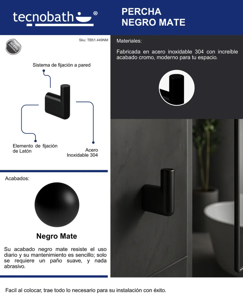 Percha Para Baño Negro Mate Tecnobath