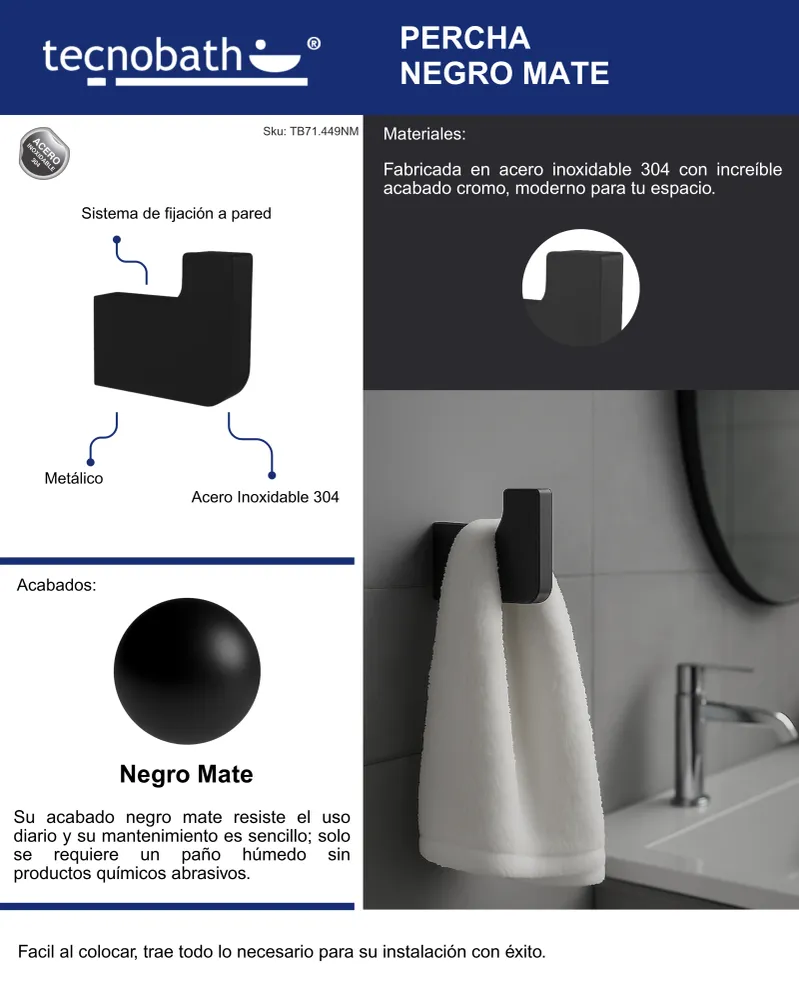 Percha Para Baño Negro Mate Tecnobath